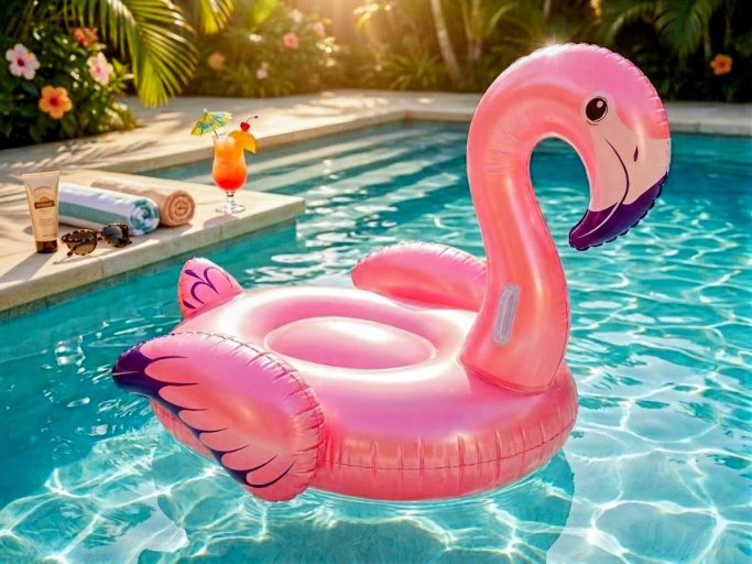 Aufblasbarer pinkfarbener Flamingo-Schwimmring im Pool, Holiday E-Commerce Marketing DiCoPro