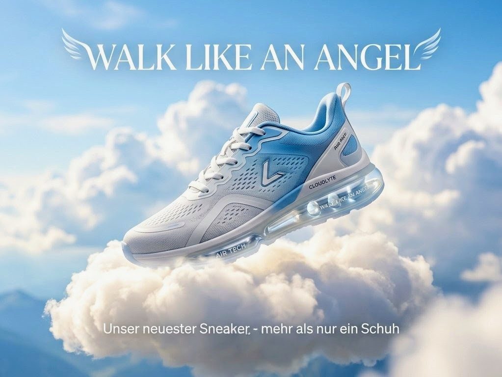 Kreatives E-Commerce Compositing Sneaker Werbebild Cloud-Walking DiCoPro